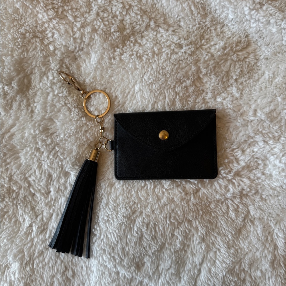 Black Leather Card Holder with Tassel Keychain